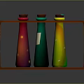Three Colorful Conical Medical Device Bottles on Wooden Shelf in Medical Lab Setting