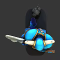 Horned Blue Armored Warrior Character Holding Giant Axe With Small Stones On Base