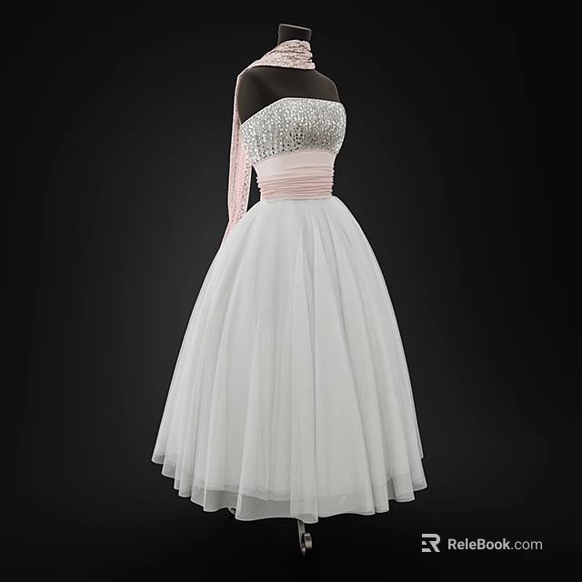 Elegant Strapless Dress With Sequined Top Pink Sash And White Tulle Skirt 3d model 