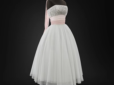 Elegant Strapless Dress With Sequined Top Pink Sash And White Tulle Skirt 3d model