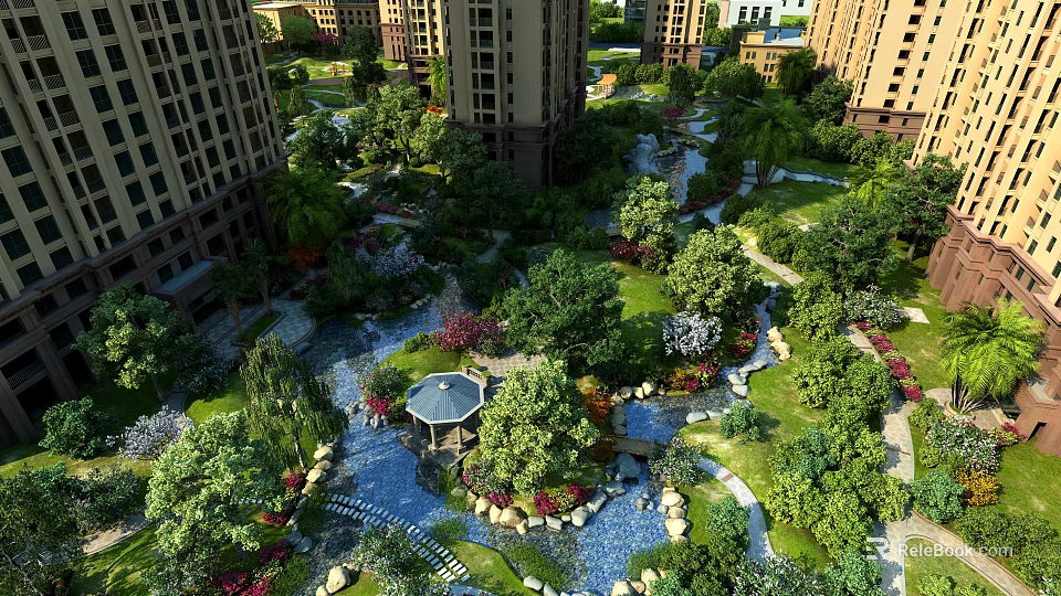 Lush Greenery Residential Landscape With High Rise Buildings Water Features Pavilion And Colorful Flowers 3d model 