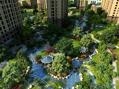 Lush Greenery Residential Landscape With High Rise Buildings Water Features Pavilion And Colorful Flowers 3d model