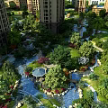 Lush Greenery Residential Landscape With High Rise Buildings Water Features Pavilion And Colorful Flowers
