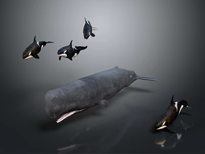 Majestic Whale Swimming With Several Penguins In Underwater Ocean Scene 3d model