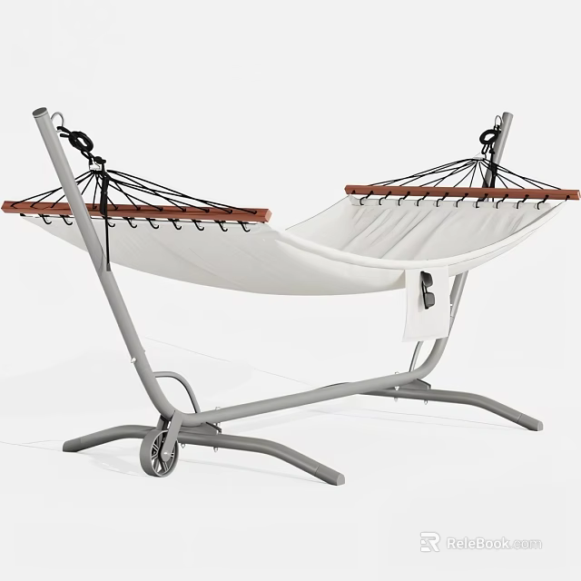 Portable White Hammock with Gray Metal Stand and Wooden End Bars for Outdoor Relaxation 3d model 