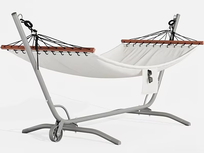 Portable White Hammock with Gray Metal Stand and Wooden End Bars for Outdoor Relaxation 3d model