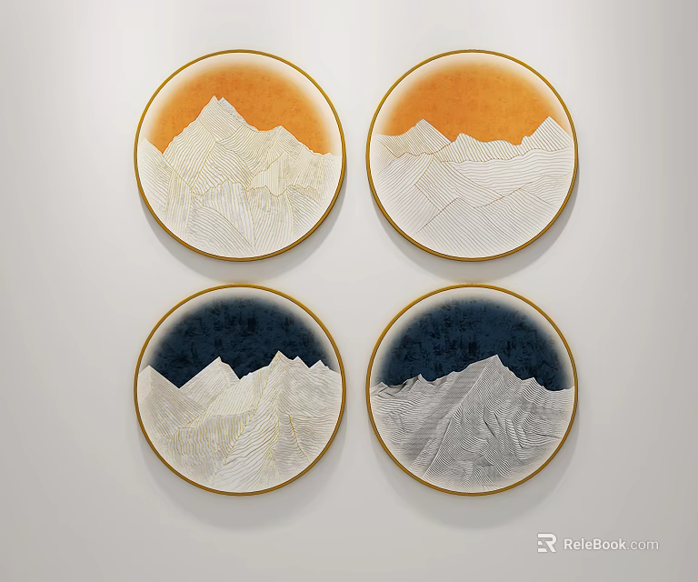 Four Round Framed Mountain Paintings With Orange Dark Blue Backgrounds And Golden Frames 3d model 