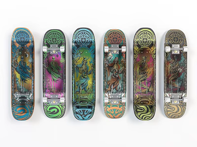 Colorful Skateboard Decks Six Different Color And Pattern Designs Arranged Together On White Background 3d model
