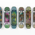 Colorful Skateboard Decks Six Different Color And Pattern Designs Arranged Together On White Background