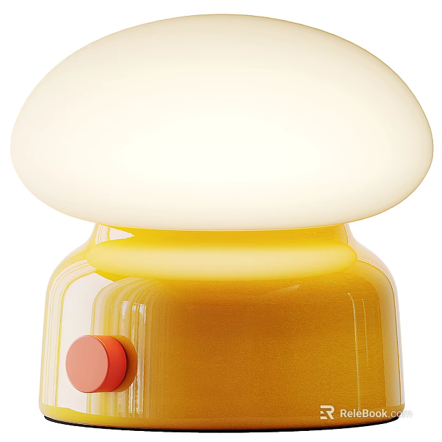 Stylish Table Lamp Featuring Dome Shaped White Lampshade Yellow Base and Red Button 3d model 