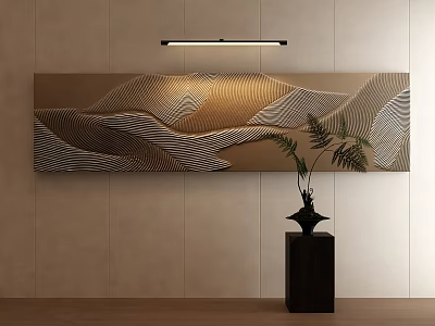 Abstract Painting with Wavy Black White Striped Patterns Under Wall Mounted Light Near Potted Plant 3d model