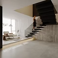 Modern Relaxation Room Interior With Marble Wall Glass Railing Black Steps And Bookshelf