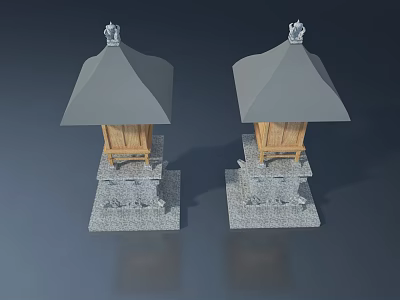 Wooden Side Hinged Doors On Two Decorative Structures With Gray Roofs And Stone Bases 3d model