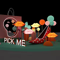 Vibrant Pick Me Display with Pink Shopping Bag Red Polka Dot Heels and Colorful Decorations