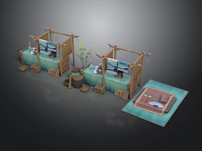 Bamboo Pavilion Rest Area With Green Mats Small Tables And Potted Plants 3d model