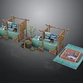 Bamboo Pavilion Rest Area With Green Mats Small Tables And Potted Plants