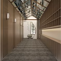 Elevator Hallway Interior Design With Wooden Walls Wall Lamps Ceiling Decor And Gray Carpet