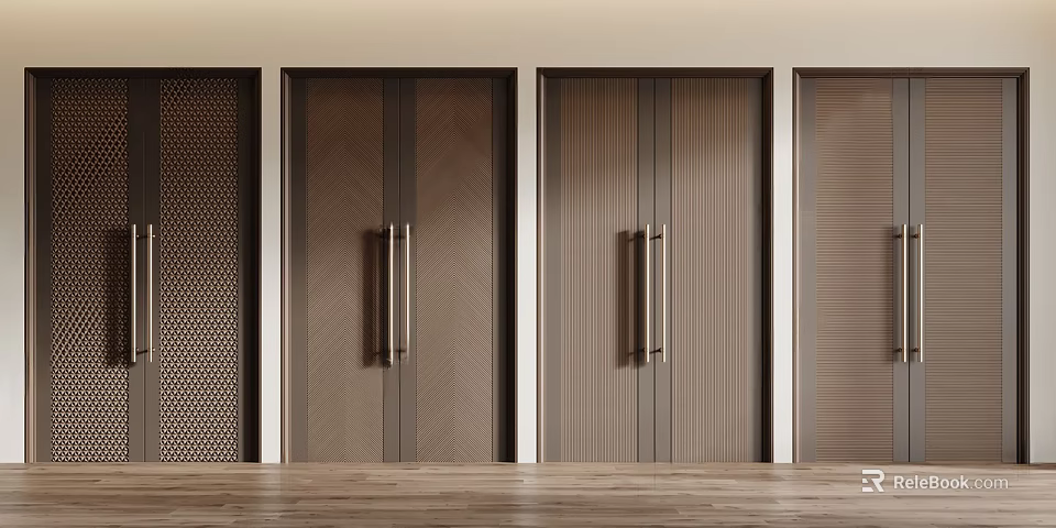 Modern Double Doors Design With Wooden Texture And Sleek Metal Handles 3d model 