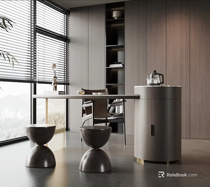 Modern Interior With Large Windows Blinds Mountain View Table Stools And Cabinet 3d model 