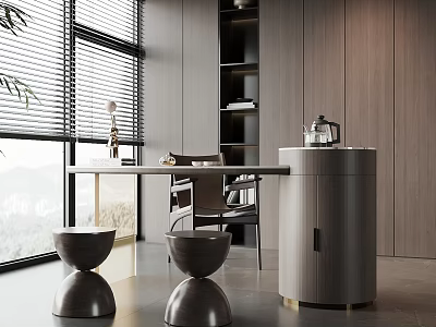 Modern Interior With Large Windows Blinds Mountain View Table Stools And Cabinet 3d model
