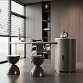 Modern Interior With Large Windows Blinds Mountain View Table Stools And Cabinet
