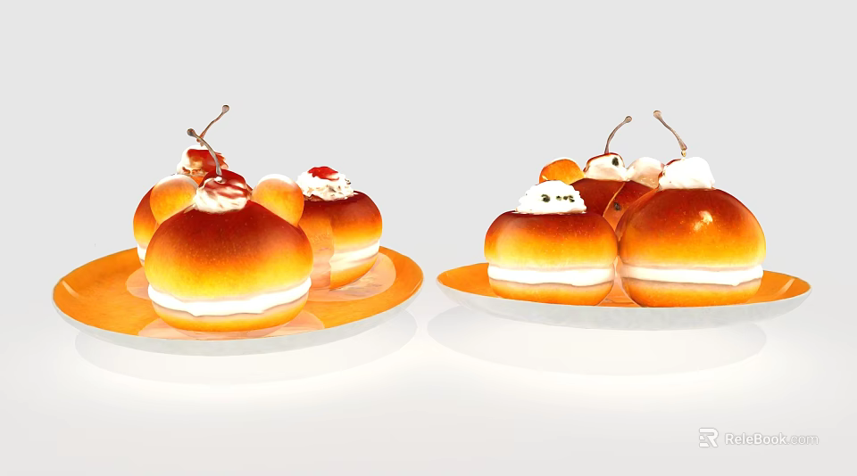 Delicious Homemade Cream Pastries Topped with Fresh Cherries on Orange Plates 3d model 