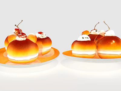 Delicious Homemade Cream Pastries Topped with Fresh Cherries on Orange Plates 3d model