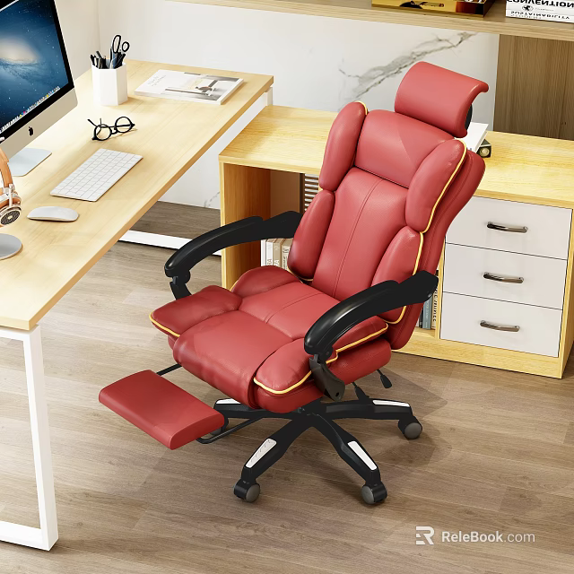 Modern Office Desk Setup With Red Leather Chair Computer Monitor And Drawer Cabinet 3d model 