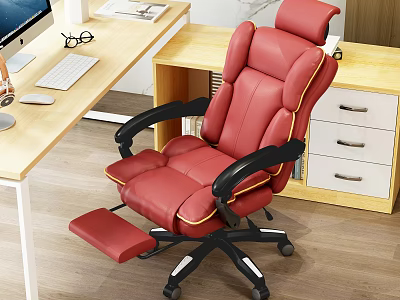 Modern Office Desk Setup With Red Leather Chair Computer Monitor And Drawer Cabinet 3d model