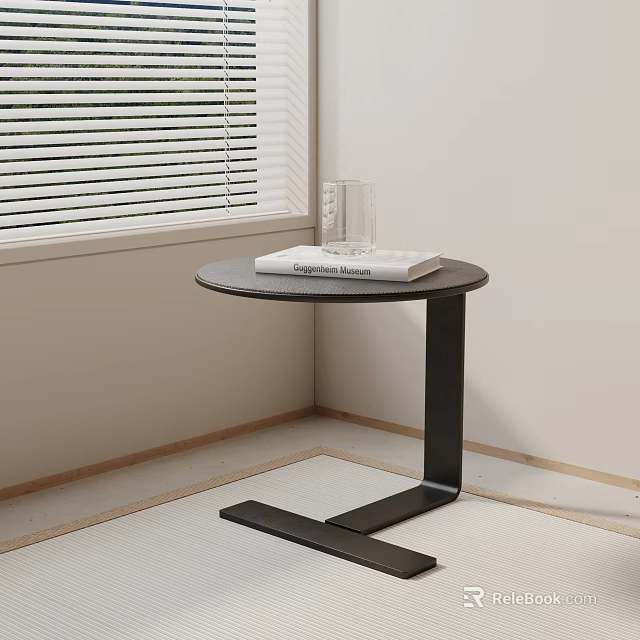 Minimalist Modern Black Side Table with Book and Glass near Window Blinds 3d model 