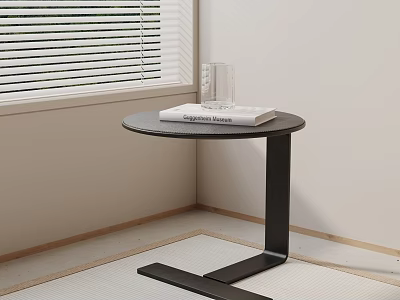 Minimalist Modern Black Side Table with Book and Glass near Window Blinds 3d model