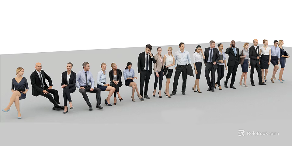 Group of Diverse Business Professionals Sitting and Standing in Formal Attire Arranged in a Line 3d model 