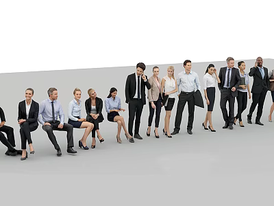 Group of Diverse Business Professionals Sitting and Standing in Formal Attire Arranged in a Line 3d model