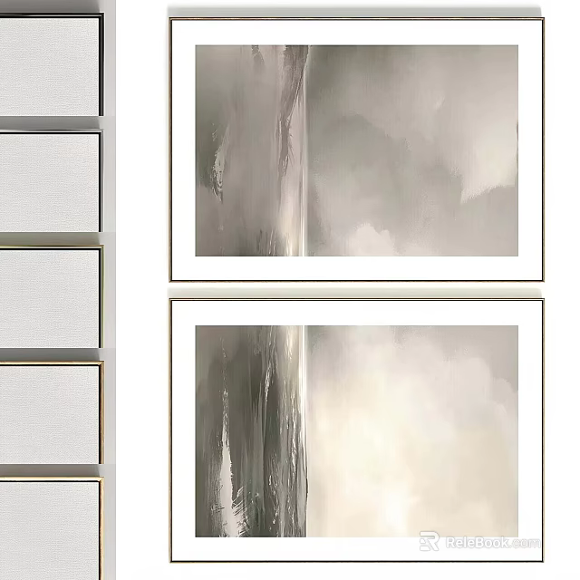 Elegant Modern Picture Frames With Gray Abstract Paintings And White Borders 3d model 