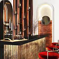 Modern Bar Interior With Arched Wine Racks Red Stools And Metallic Counter