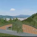 Garden Landscape Wooden Deck Circular Stone Features Railing Trees Distant Mountains City View Clear Sky