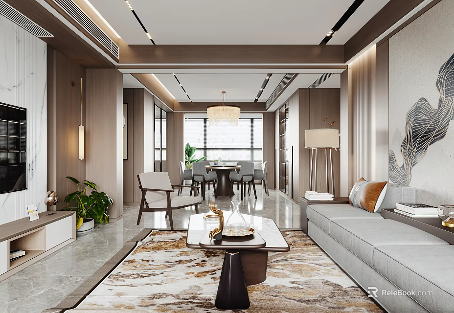 Modern Living and Dining Room Interior With Sofa Dining Table Chandelier And Decorative Painting 3d model 