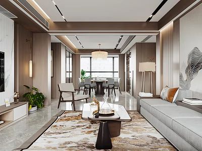 Modern Living and Dining Room Interior With Sofa Dining Table Chandelier And Decorative Painting 3d model