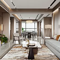 Modern Living and Dining Room Interior With Sofa Dining Table Chandelier And Decorative Painting