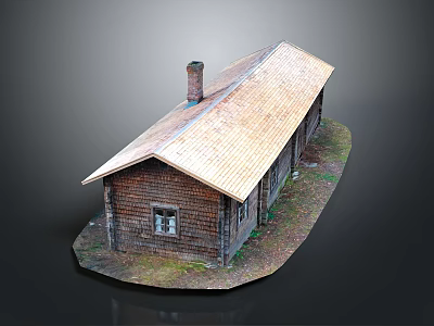 Wooden House with Wooden Roof and Chimney Wooden Walls Window Surrounded by Grass and Stones 3d model
