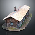 Wooden House with Wooden Roof and Chimney Wooden Walls Window Surrounded by Grass and Stones