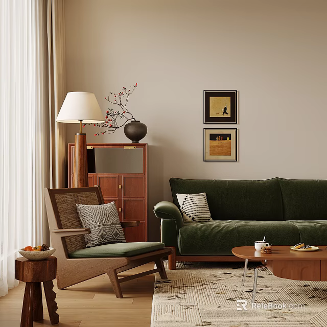 Cozy Wooden Lounge Chair With Green Cushion Side Table Floor Lamp And Paintings 3d model 
