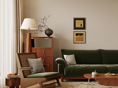 Cozy Wooden Lounge Chair With Green Cushion Side Table Floor Lamp And Paintings 3d model