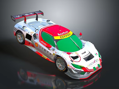 High Performance White Red Green Race Car With Rear Wing And Sponsor Logos 3d model