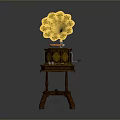 Vintage Gramophone with Ornate Wooden Stand and Decorative Golden Horn
