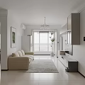 Modern Living Dining Room Interior with Beige Sofa White Refrigerator Chandelier Framed Artwork and Rug