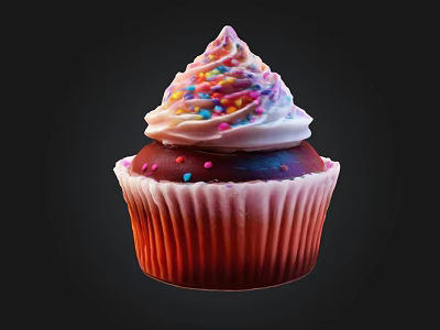 Delicious Tempting Red Cupcake With Swirled Whipped Cream And Colorful Sprinkles 3d model