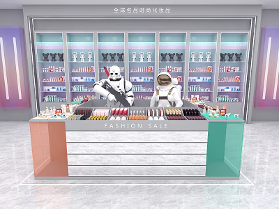 Fashion Cosmetics Store Display Shelves Showcasing Famous Brands Products and Decorative Figurines 3d model