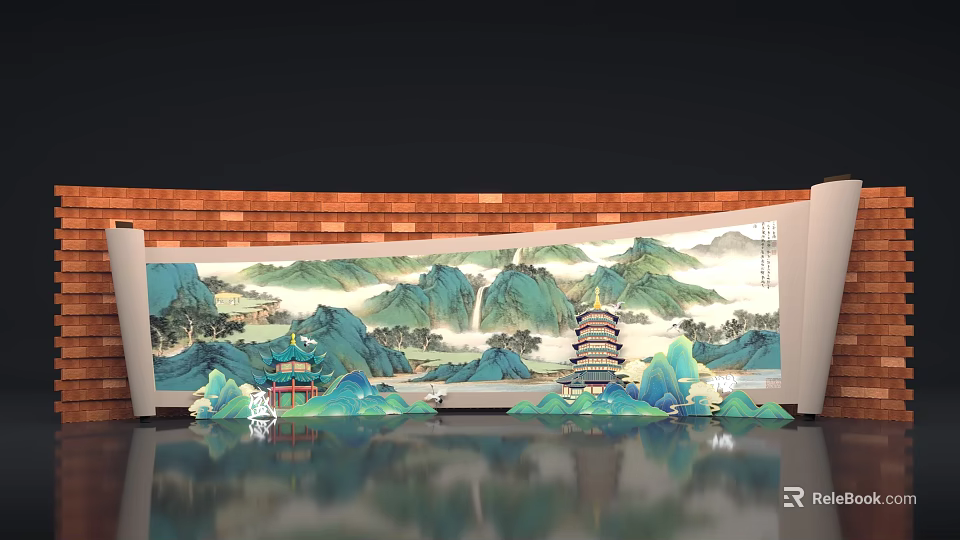 Traditional Chinese Landscape Painting With Mountains Pagoda Water Reflection And Wooden Ceiling 3d model 