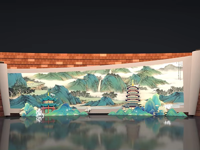 Traditional Chinese Landscape Painting With Mountains Pagoda Water Reflection And Wooden Ceiling 3d model